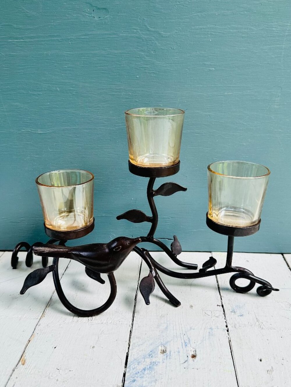 Vintage Pier 1 Metal Bird Candle Holder Triple Votive Centerpiece Wrought Iron